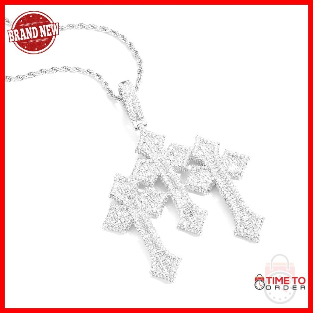 Stainless Steel Cross Pendant Necklace with Cubic Zirconia, 24-inch Chain